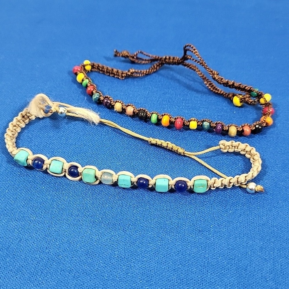 Beaded Bracelets Lot Of‎ 2 - Hemp Blue Faux Turquoise - Colorful Boho Rasta